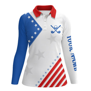 Red, white and blue golf polo for Women custom American Flag women's patriotic polo shirts NQS8354