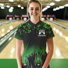 Load image into Gallery viewer, Green shamrock Flame bowling shirts for Women Custom St Patrick Day black team league bowling jerseys NQS9390
