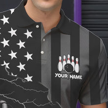 Load image into Gallery viewer, Personalized Black American flag Lightning thunder Custom Bowling Team Shirts For Mens Bowling Jersey NQS9538