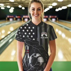 Personalized Black American flag Lightning thunder Custom Bowling Team Shirts For Women Bowling Jersey NQS9538