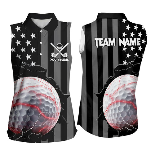 Personalized Black American flag Lightning thunder Custom Golf sleeveless polo Team Shirts For Women NQS9540