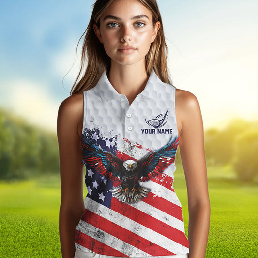 Personalized American Flag Eagle White Women sleeveless polo shirt Custom patriotic ladies golf tops NQS9541