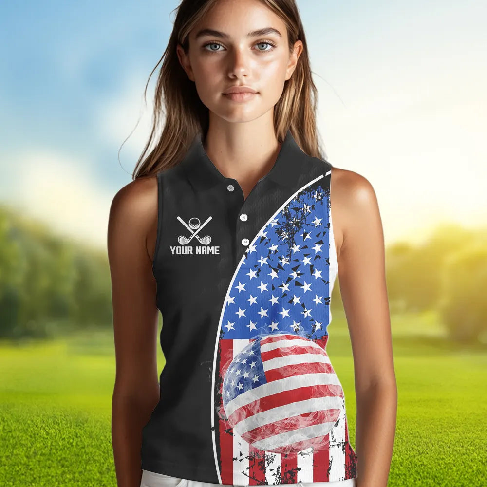 Personalized Black Camo Womens golf shirts sleeveless Custom American Flag patriotic golf shirt outfit NQS9698