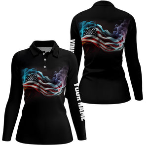 Women golf polo shirts custom smoke American flag patriotic black golf tops for ladies, golfing gifts NQS7632