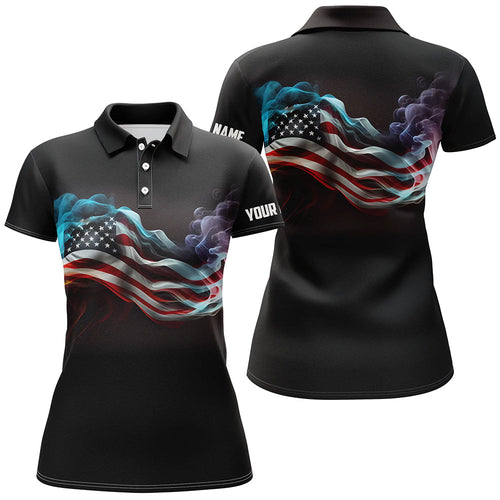 Women golf polo shirts custom smoke American flag patriotic black golf tops for ladies, golfing gifts NQS7632