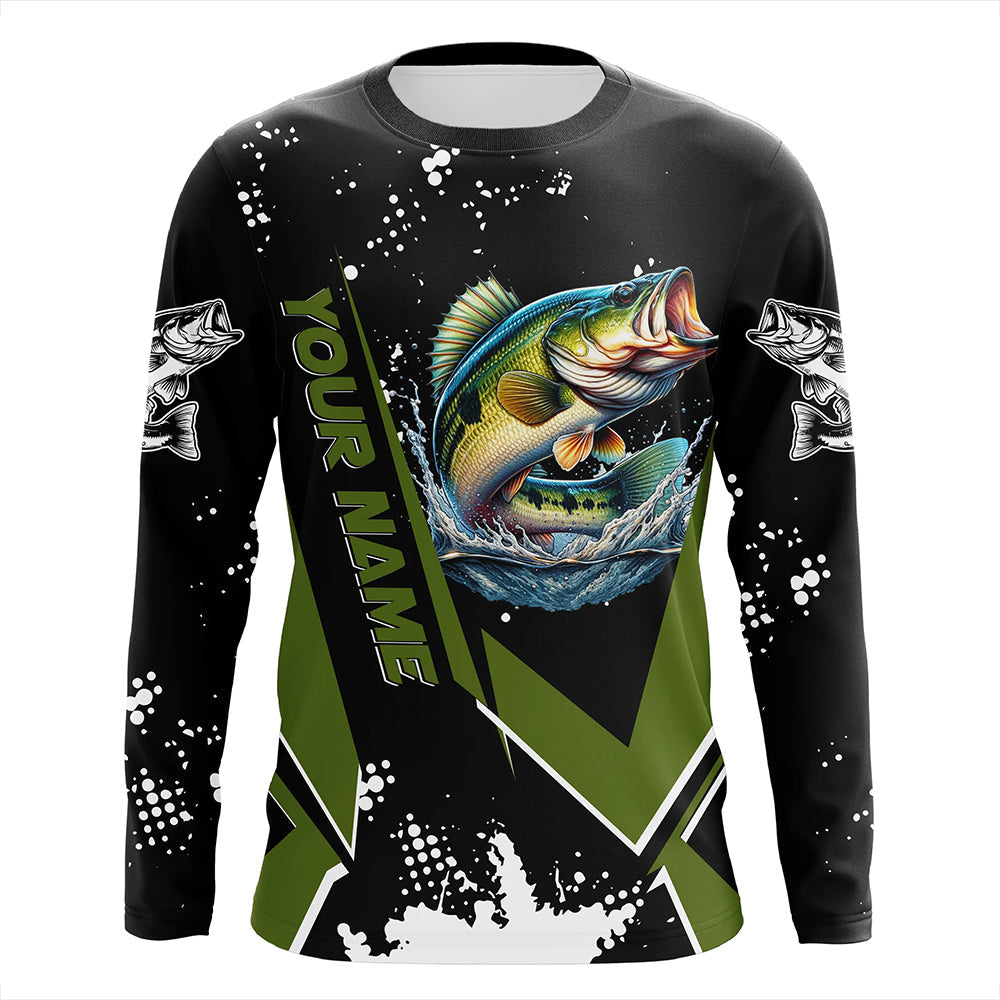 Personalized Largemouth Bass Fishing Jerseys, Black and Green Bass Fishing Tournament Shirts NQS7839