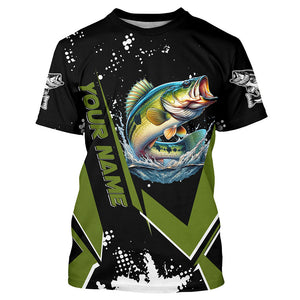 Personalized Largemouth Bass Fishing Jerseys, Black and Green Bass Fishing Tournament Shirts NQS7839