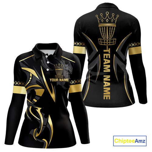 Black and Gold crown Disc golf polo shirts for Women Custom Disc Golf Team jerseys, disc golf gifts NQS10126