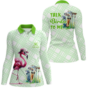 Womens golf polo shirts custom green flamingo pattern golf shirts talk birdie to me NQS8063