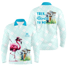 Load image into Gallery viewer, Mens golf polo shirts custom pink flamingo blue pattern golf shirts talk birdie to me NQS8064