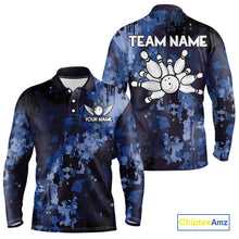 Load image into Gallery viewer, Blue Camo Bowling Polo, Quarter Zip Shirts For Men Custom Bowling Team Jerseys, Gift For Bowlers NQS10454