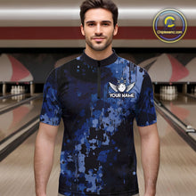 Load image into Gallery viewer, Blue Camo Bowling Polo, Quarter Zip Shirts For Men Custom Bowling Team Jerseys, Gift For Bowlers NQS10454