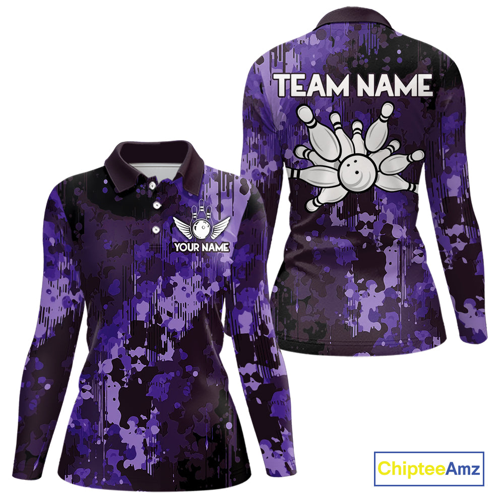 Purple Camo Bowling Polo, Quarter Zip Shirts For Women Custom Bowling Team Jerseys, Gift For Bowlers NQS10455