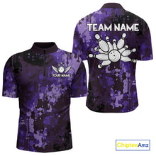 Load image into Gallery viewer, Purple Camo Bowling Polo, Quarter Zip Shirts For Men Custom Bowling Team Jerseys, Gift For Bowlers NQS10455
