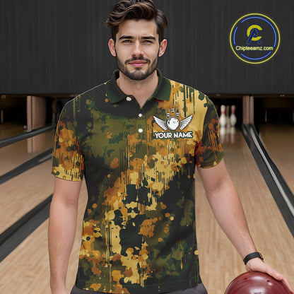 Yellow Camo Bowling Polo, Quarter Zip Shirts For Men Custom Bowling Team Jerseys, Gift For Bowlers NQS10456