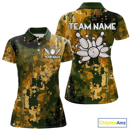 Yellow Camo Bowling Polo, Quarter Zip Shirts For Women Custom Bowling Team Jerseys, Gift For Bowlers NQS10456
