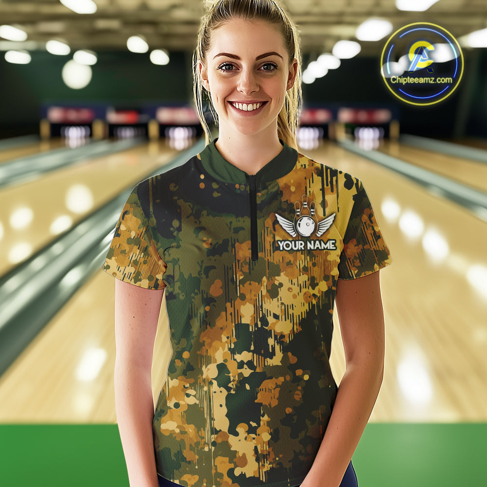 Yellow Camo Bowling Polo, Quarter Zip Shirts For Women Custom Bowling Team Jerseys, Gift For Bowlers NQS10456