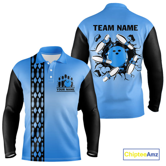 Personalized Black and Blue Retro Bowling Polo, Quarter Zip Team Shirts For Men Custom Bowling Gifts NQS10459