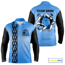 Load image into Gallery viewer, Personalized Black and Blue Retro Bowling Polo, Quarter Zip Team Shirts For Men Custom Bowling Gifts NQS10459