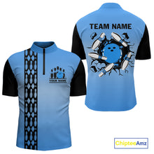 Load image into Gallery viewer, Personalized Black and Blue Retro Bowling Polo, Quarter Zip Team Shirts For Men Custom Bowling Gifts NQS10459