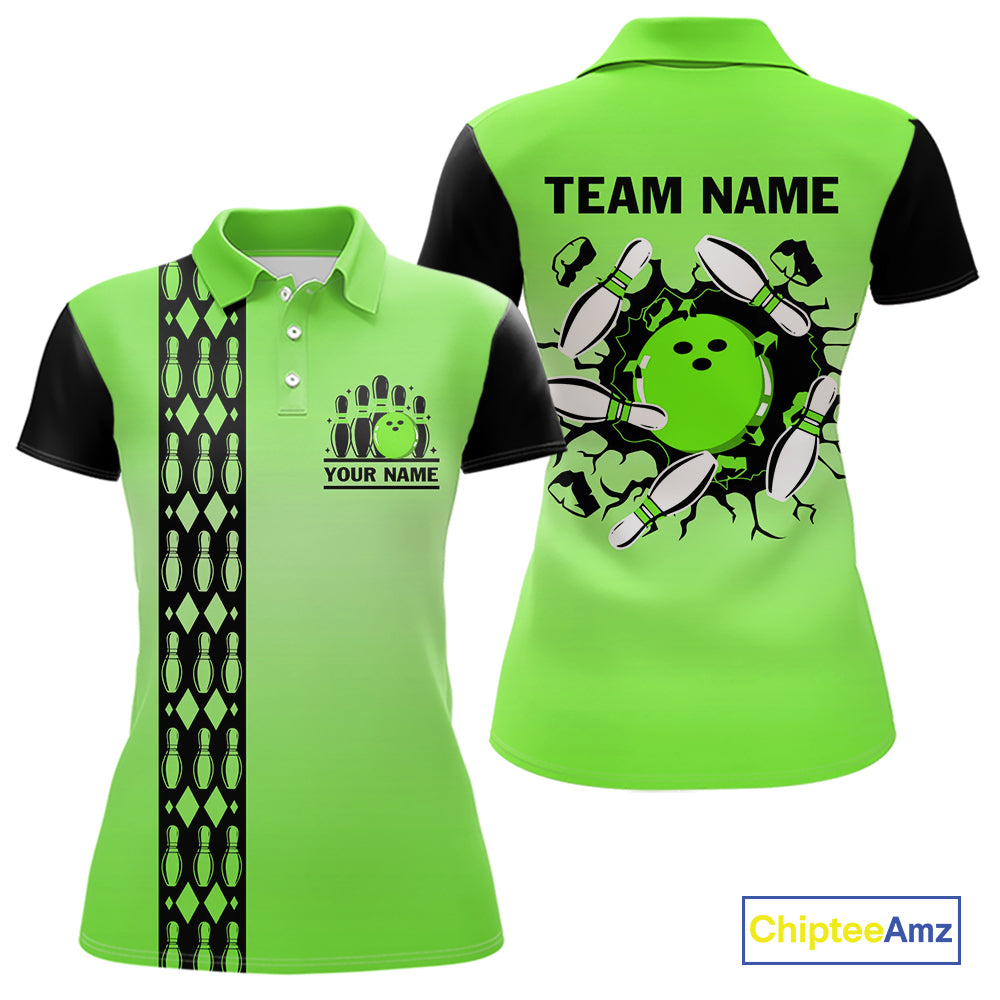 Personalized Black and Green Retro Bowling Polo, Quarter Zip Team Shirt For Women Custom Bowling Gift NQS10460