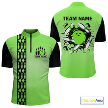 Load image into Gallery viewer, Personalized Black and Green Retro Bowling Polo, Quarter Zip Team Shirts For Men Custom Bowling Gifts NQS10460