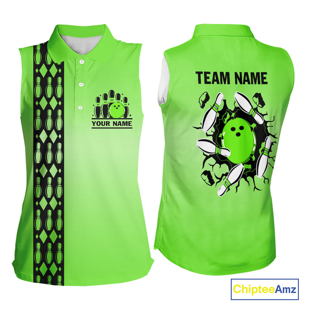 Personalized Black and Green Retro Bowling Sleeveless Polo Team Shirt For Women Custom Bowling Gift NQS10460