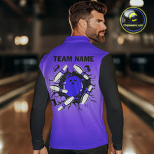 Load image into Gallery viewer, Personalized Black and Purple Retro Bowling Polo, Quarter Zip Team Shirt For Men Custom Bowling Gifts NQS10461