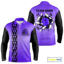 Load image into Gallery viewer, Personalized Black and Purple Retro Bowling Polo, Quarter Zip Team Shirt For Men Custom Bowling Gifts NQS10461