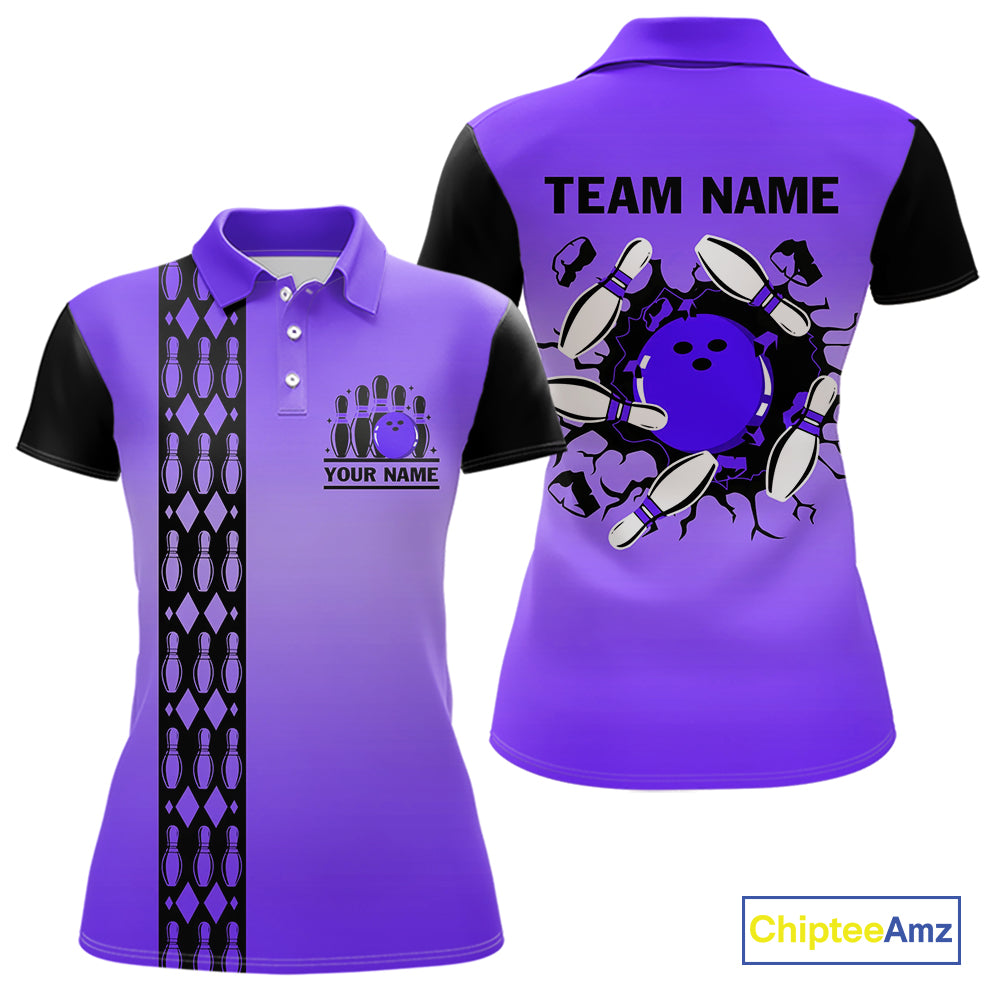 Personalized Black & Purple Retro Bowling Polo, Quarter Zip Team Shirt For Women Custom Bowling Gift NQS10461