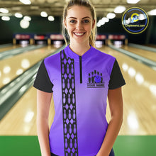 Load image into Gallery viewer, Personalized Black &amp; Purple Retro Bowling Polo, Quarter Zip Team Shirt For Women Custom Bowling Gift NQS10461