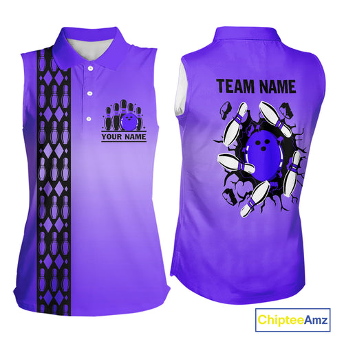 Personalized Black & Purple Retro Bowling Sleeveless Polo Team Shirt For Women Custom Bowling Gift NQS10461