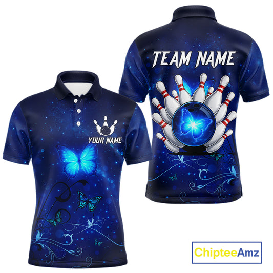 Blue galaxy Butterfly Bowling Polo, Quarter Zip shirts For men Custom Butterfly Team bowling jersey NQS11268