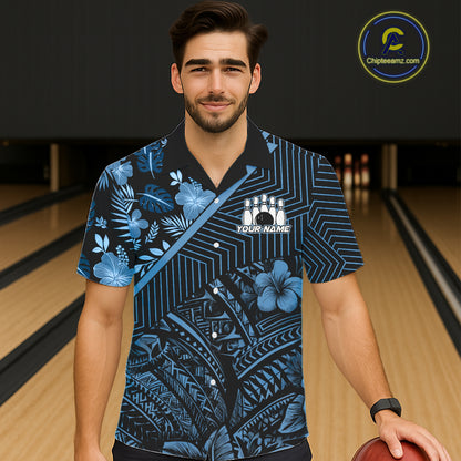 Black and Blue tribal pattern tropical Bowling Hawaiian Shirts Custom Team Bowling Jerseys NQS11468