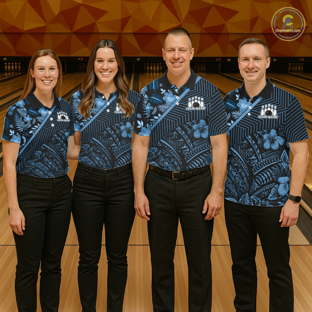 Black and Blue tribal pattern Bowling Polo, 1/4 zip Shirts For Men Custom Team Bowling Jerseys NQS11468