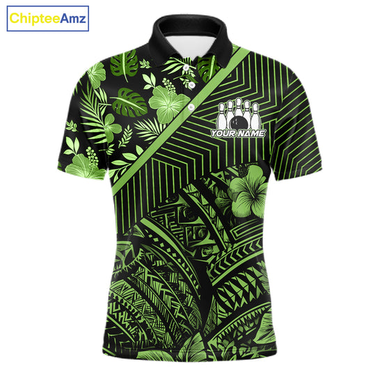 Black and Green tribal pattern Bowling Polo, 1/4 zip Shirts For Men Custom Team Bowling Jerseys NQS11469