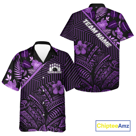 Black and Purple tribal pattern tropical Bowling Hawaiian Shirts Custom Team Bowling Jerseys NQS11470