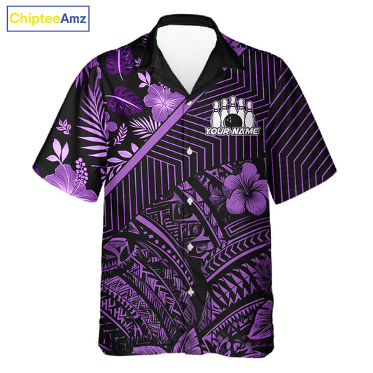 Black and Purple tribal pattern tropical Bowling Hawaiian Shirts Custom Team Bowling Jerseys NQS11470