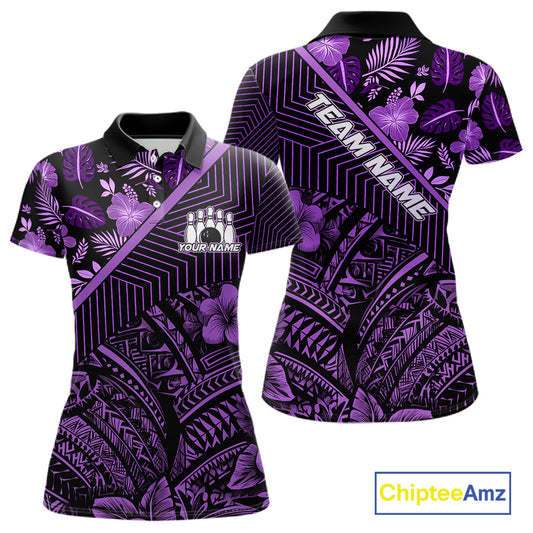 Black and Purple tribal pattern Bowling Polo, 1/4 zip Shirts For Women Custom Team Bowling Jerseys NQS11470