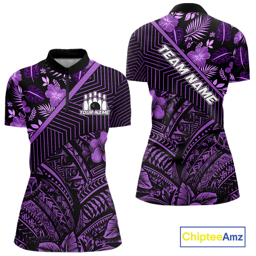 Black and Purple tribal pattern Bowling Polo, 1/4 zip Shirts For Women Custom Team Bowling Jerseys NQS11470