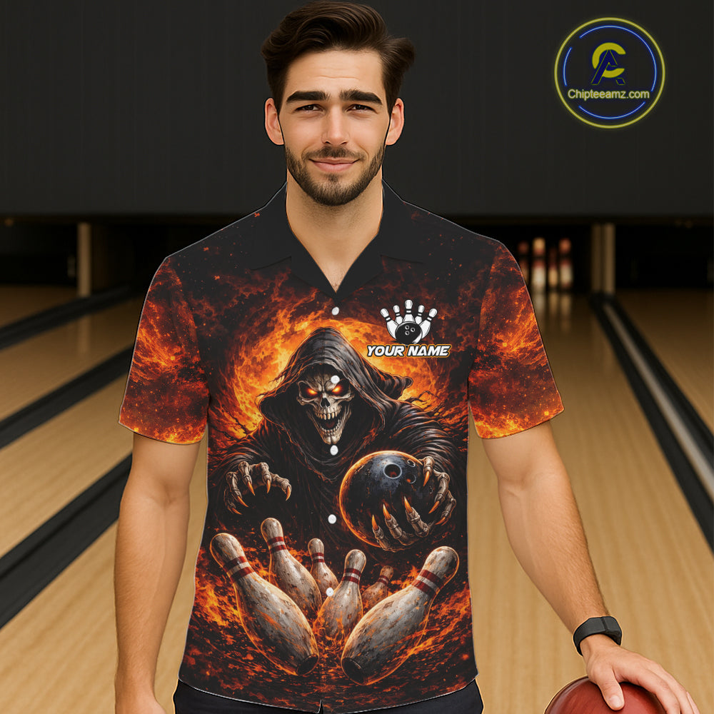 Personalized Skull Hawaiian Bowling Jerseys Custom Black and Orange Bowling Team button up shirt NQS11474