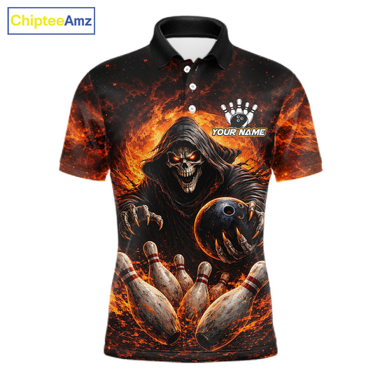 Personalized Skull Bowling Polo, 1/4 zip Jerseys for Men Custom Black and Orange Bowling Team shirts NQS11474