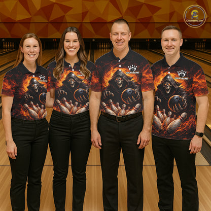 Personalized Skull Bowling Polo, 1/4 zip Jerseys for Women Custom Black and Orange Bowling Team shirt NQS11474