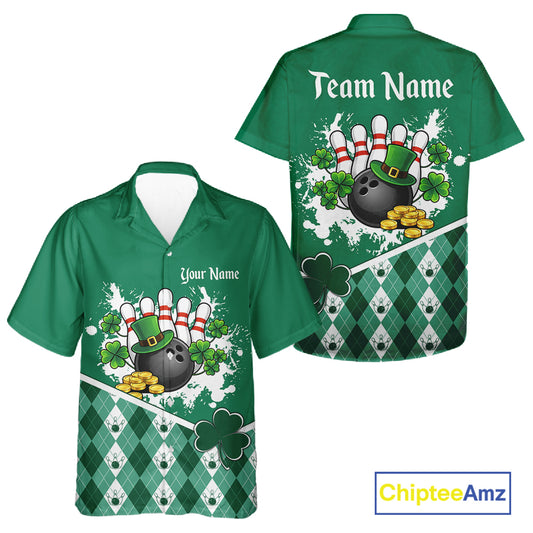 Green argyle pattern St Patrick Hawaiian Bowling Jersey Custom team bowling button up shirt NQS11477