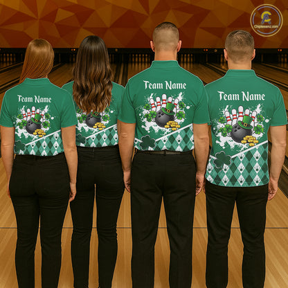Green argyle pattern St Patrick Bowling Polo, 1/4 zip shirts for Men Custom team bowling jerseys NQS11477