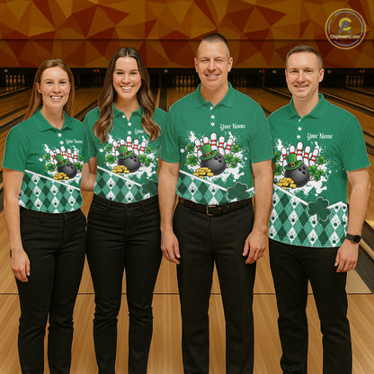Green argyle pattern St Patrick Bowling Polo, 1/4 zip shirts for Men Custom team bowling jerseys NQS11477