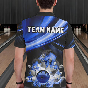 Personalized Black and Blue Smoke Flame Bowling Polo, 1/4 Zip Shirts For Men, cool bowling jerseys NQS9543