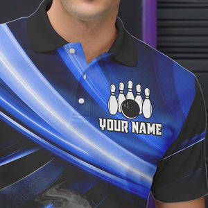 Personalized Black and Blue Smoke Flame Bowling Polo, 1/4 Zip Shirts For Men, cool bowling jerseys NQS9543