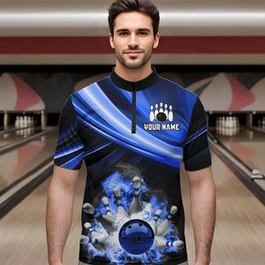 Personalized Black and Blue Smoke Flame Bowling Polo, 1/4 Zip Shirts For Men, cool bowling jerseys NQS9543