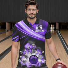 Load image into Gallery viewer, Personalized Black and Purple Smoke Flame Bowling Polo, 1/4 Zip Shirts For Men, cool bowling jerseys NQS9544